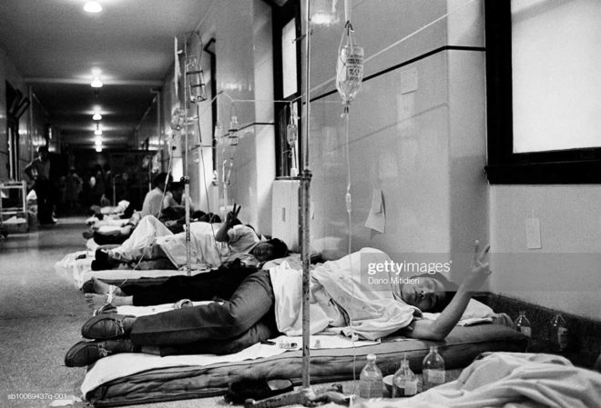 1989, Beijing, China, Democratic protestors lie in a corridor of Capital hospital after being wounded during the Chinese army occupation of Tiananmen Square during the night between the 3rd and 4th June, 1989. ,; date created: 2008:05:06; Tiananmen Square Massacre