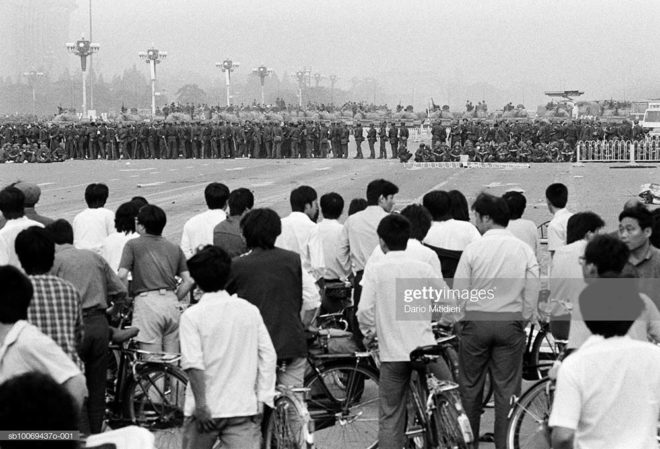1989, Beijing, China, Democratic protestors watch as the Chinese army occupies Tiananmen Square, which had been the focal point of the student-led peaceful demonstration for democracy in May and June, 1989.,; date created: 2008:05:06; Tiananmen Square Massacre