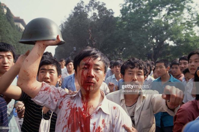 The protest movement of students that started seven weeks ago in Tiananmen Square ended in a blood bath with various sources claiming that between 1,500 and 4,000 demonstrators were killed and 10,000 wounded. During the night of June 3 to June 4, 1989 the People's Liberation Army opened fire on the crowd and forced the last blockades with tanks; the students were demonstrating to demand more democracy and freedom of thought from the Chinese government. (Photo by Jacques Langevin/Sygma/Sygma via Getty Images)
